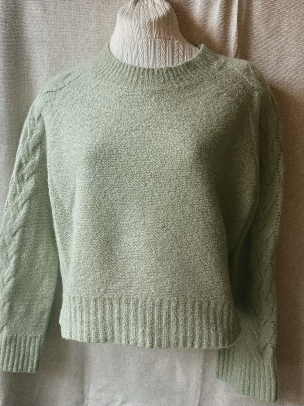 🍃 J.Crew Celadon Green Sage • Cloud Cashmere Blend Cable Sleeve Sweater S
